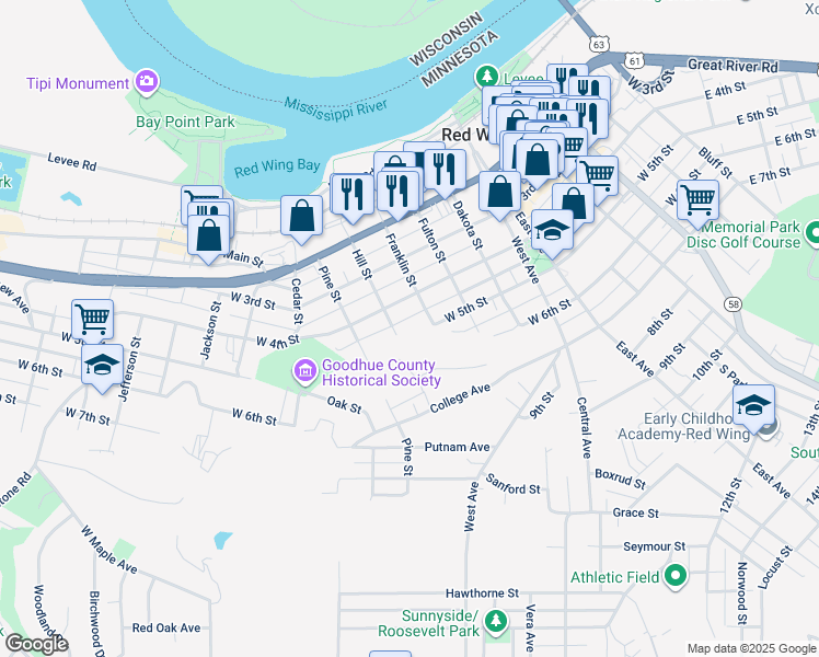 map of restaurants, bars, coffee shops, grocery stores, and more near 920 West 5th Street in Red Wing