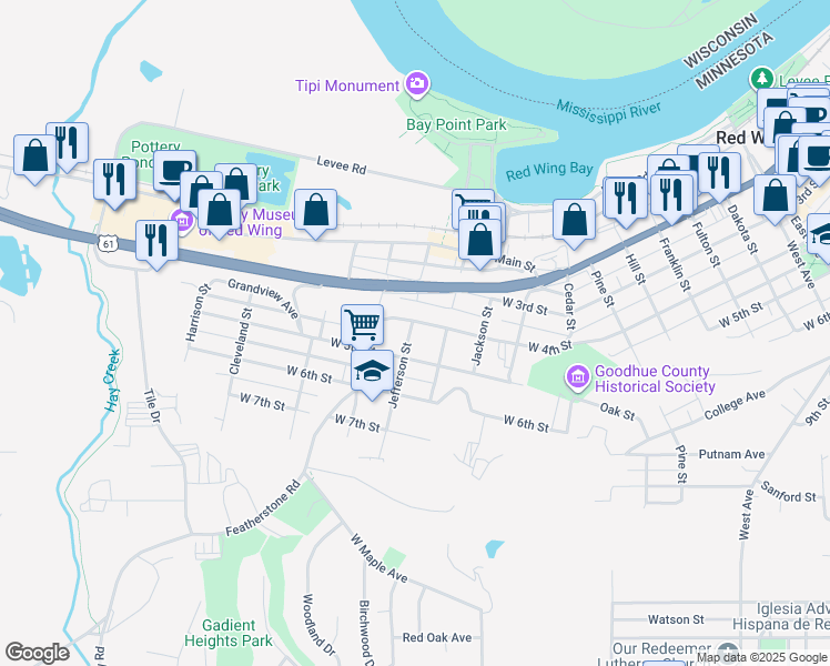 map of restaurants, bars, coffee shops, grocery stores, and more near 1527 West 4th Street in Red Wing