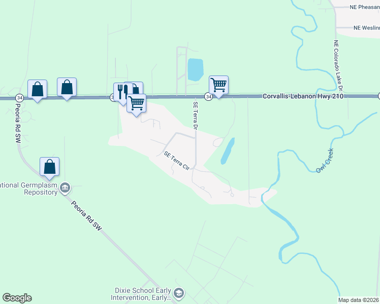 map of restaurants, bars, coffee shops, grocery stores, and more near 33842 Southeast Terra Circle in Corvallis