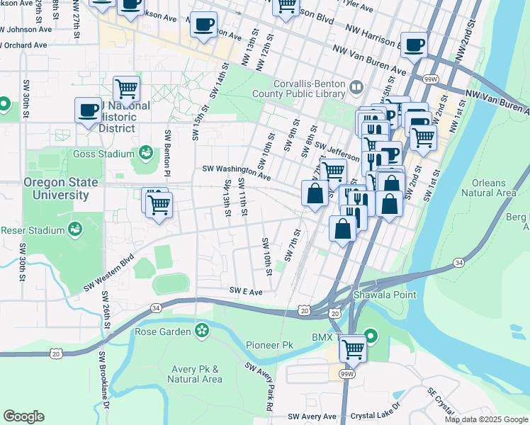 map of restaurants, bars, coffee shops, grocery stores, and more near 745 Southwest 10th Street in Corvallis
