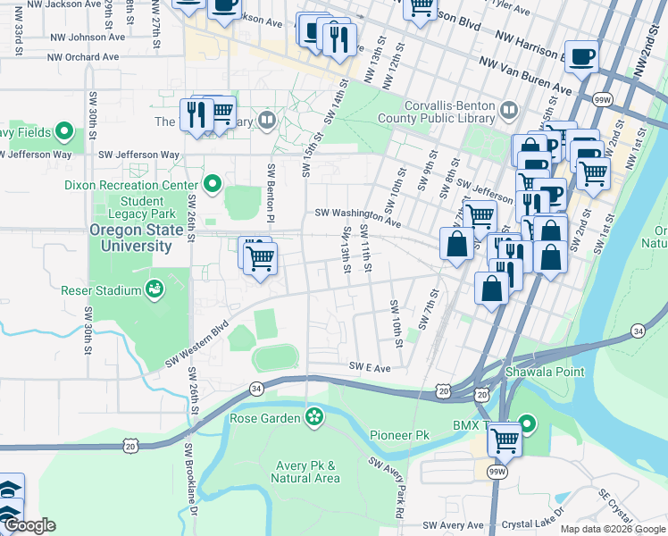 map of restaurants, bars, coffee shops, grocery stores, and more near in Corvallis