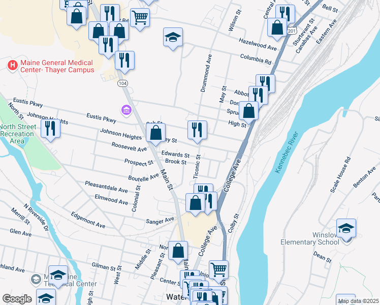 map of restaurants, bars, coffee shops, grocery stores, and more near 29 Edwards Street in Waterville
