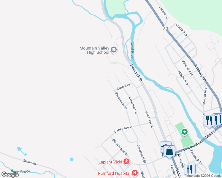 map of restaurants, bars, coffee shops, grocery stores, and more near 26 Swift Avenue in Rumford