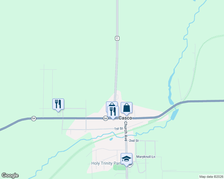 map of restaurants, bars, coffee shops, grocery stores, and more near 124 Wiesner Avenue in Casco