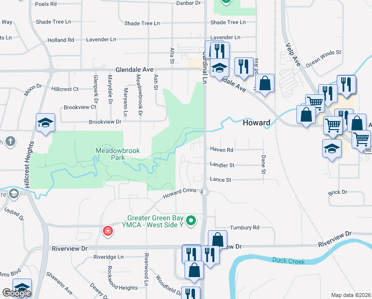 map of restaurants, bars, coffee shops, grocery stores, and more near 734 Olive Tree Court in Green Bay