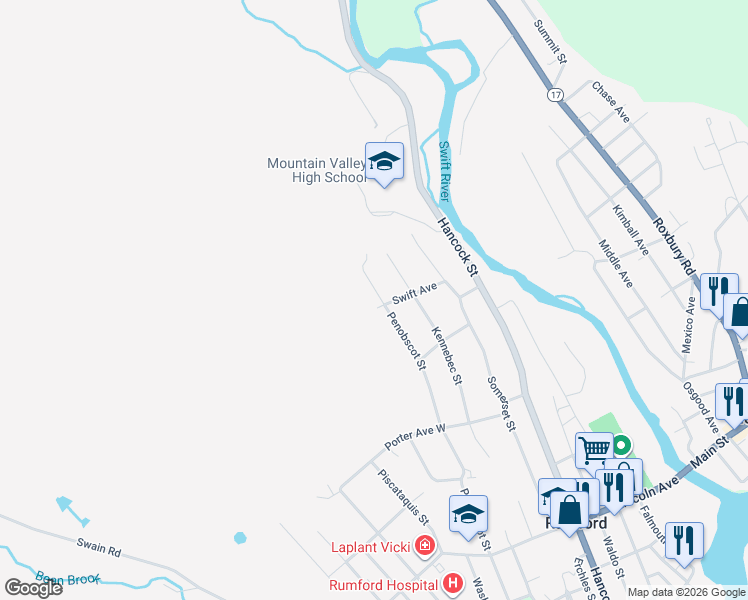map of restaurants, bars, coffee shops, grocery stores, and more near 26 Swift Avenue in Rumford
