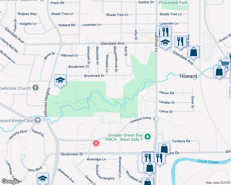 map of restaurants, bars, coffee shops, grocery stores, and more near 723 Meadowbrook Court in Green Bay