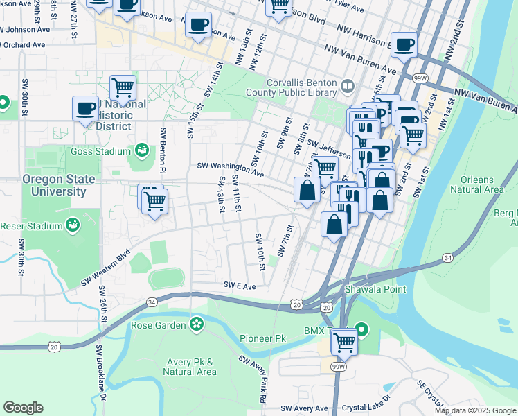 map of restaurants, bars, coffee shops, grocery stores, and more near 745 Southwest 10th Street in Corvallis