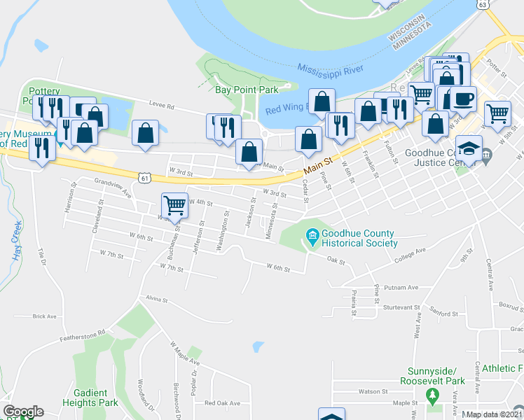 map of restaurants, bars, coffee shops, grocery stores, and more near 1316 West 4th Street in Red Wing