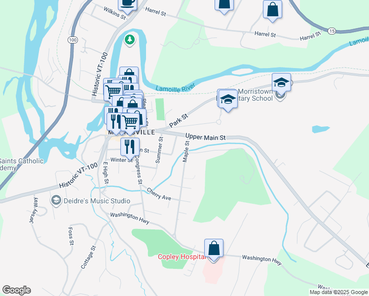 map of restaurants, bars, coffee shops, grocery stores, and more near 56 Maple Street in Morristown