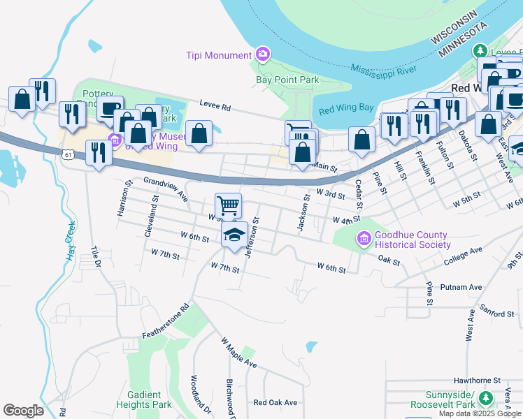 map of restaurants, bars, coffee shops, grocery stores, and more near 1527 West 4th Street in Red Wing