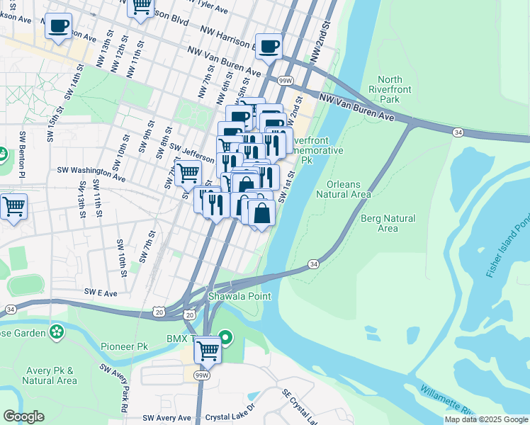 map of restaurants, bars, coffee shops, grocery stores, and more near 411 Southwest 2nd Street in Corvallis