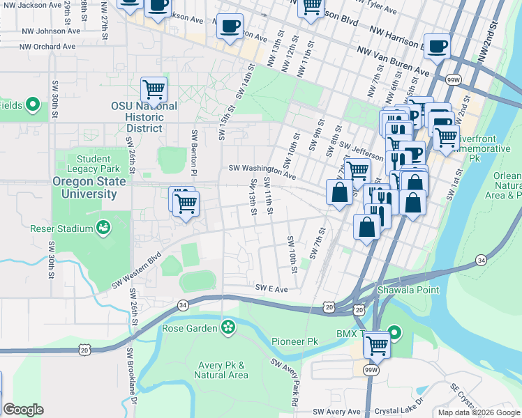 map of restaurants, bars, coffee shops, grocery stores, and more near 715 Southwest 13th Street in Corvallis