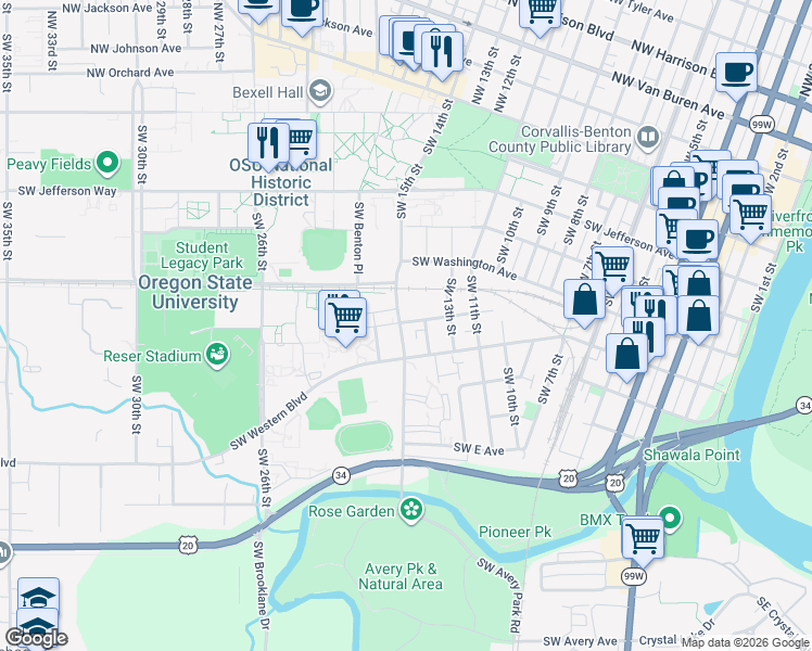 map of restaurants, bars, coffee shops, grocery stores, and more near 1464 Southwest A Avenue in Corvallis
