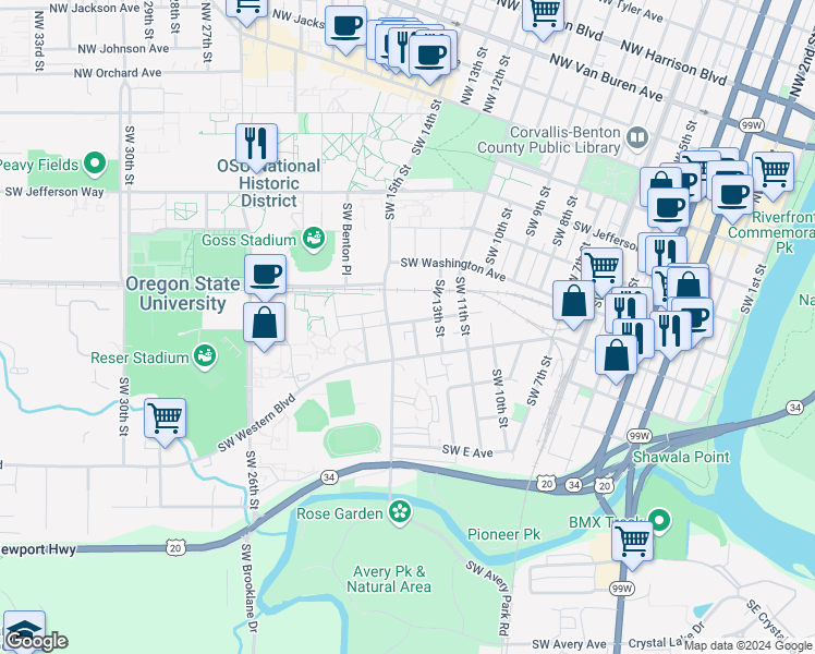 map of restaurants, bars, coffee shops, grocery stores, and more near 704 Southwest 14th Street in Corvallis
