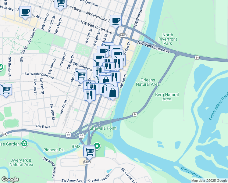 map of restaurants, bars, coffee shops, grocery stores, and more near 400 Southwest 1st Street in Corvallis