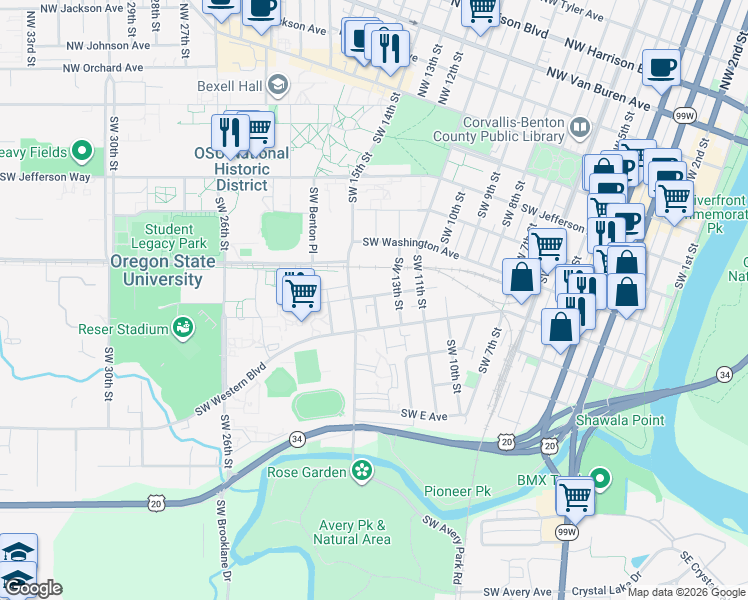 map of restaurants, bars, coffee shops, grocery stores, and more near in Corvallis