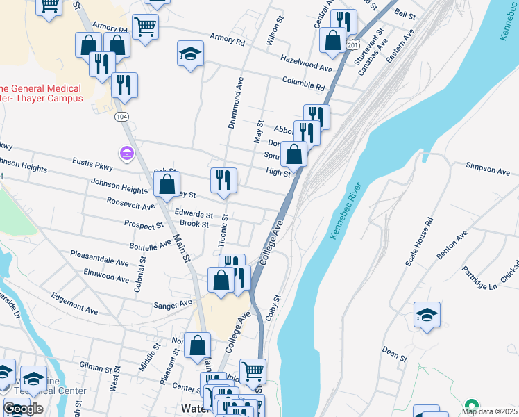 map of restaurants, bars, coffee shops, grocery stores, and more near 10 Ash Street in Waterville