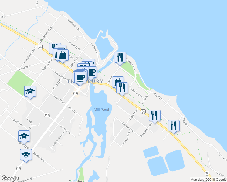 map of restaurants, bars, coffee shops, grocery stores, and more near 4 King Street East in Thornbury