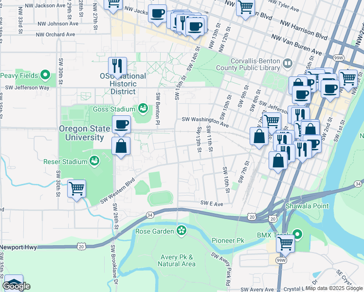 map of restaurants, bars, coffee shops, grocery stores, and more near in Corvallis