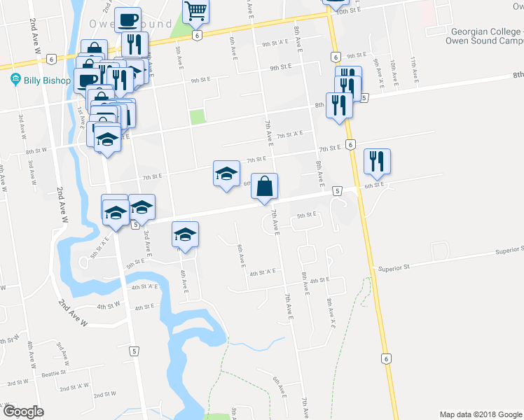map of restaurants, bars, coffee shops, grocery stores, and more near 500 7th Avenue East in Owen Sound