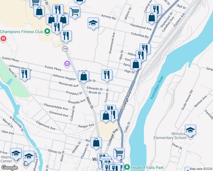map of restaurants, bars, coffee shops, grocery stores, and more near 27 Maple Street in Waterville