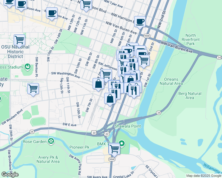 map of restaurants, bars, coffee shops, grocery stores, and more near Southwest Washington Avenue & Southwest 5th Street in Corvallis