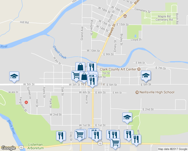 map of restaurants, bars, coffee shops, grocery stores, and more near 619 Hewett St in Neillsville