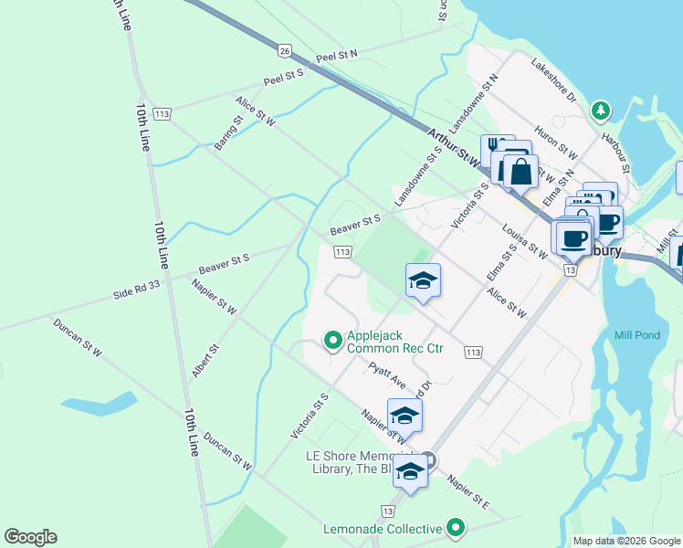 map of restaurants, bars, coffee shops, grocery stores, and more near 127 Alfred Street West in The Blue Mountains