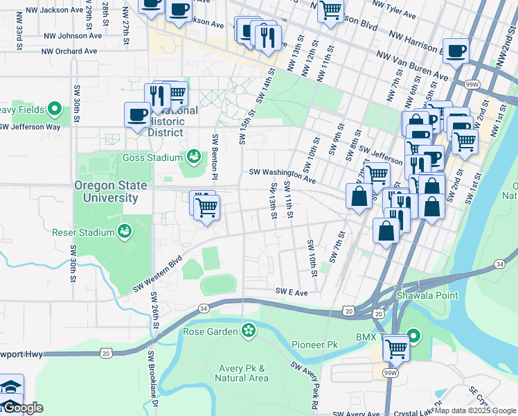 map of restaurants, bars, coffee shops, grocery stores, and more near in Corvallis