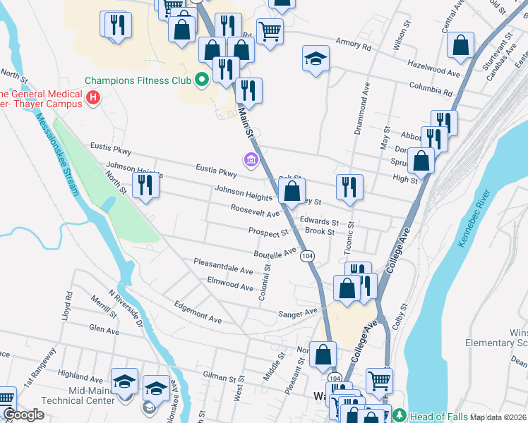 map of restaurants, bars, coffee shops, grocery stores, and more near 13 Prospect Street in Waterville