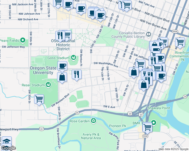map of restaurants, bars, coffee shops, grocery stores, and more near 1445 Southwest A Avenue in Corvallis