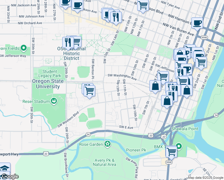 map of restaurants, bars, coffee shops, grocery stores, and more near 1375 Southwest A Avenue in Corvallis