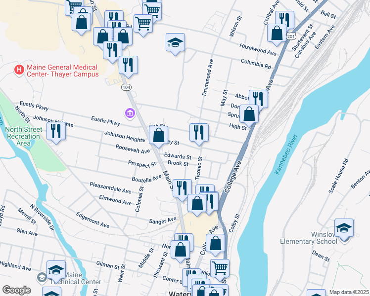 map of restaurants, bars, coffee shops, grocery stores, and more near 29 Edwards Street in Waterville