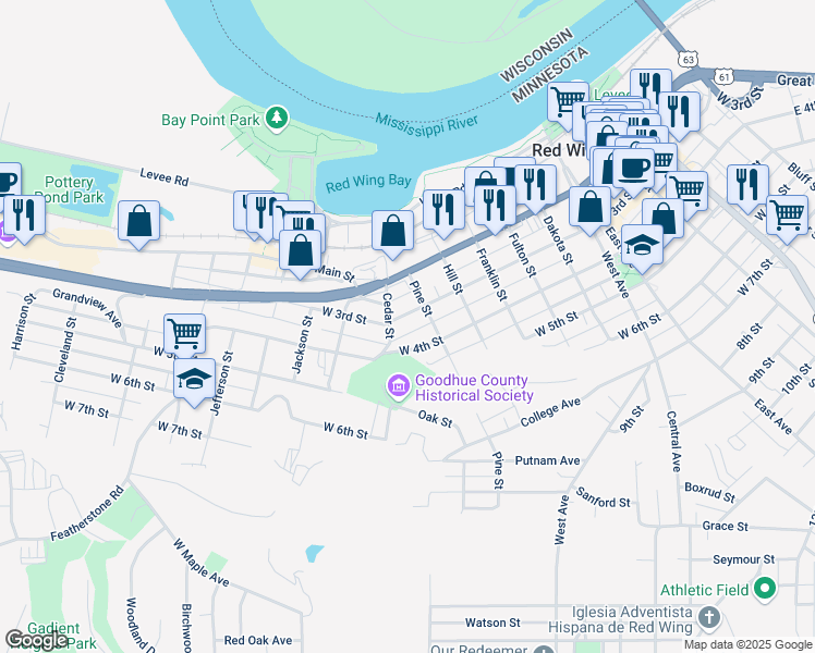map of restaurants, bars, coffee shops, grocery stores, and more near 1121 West 3rd Street in Red Wing