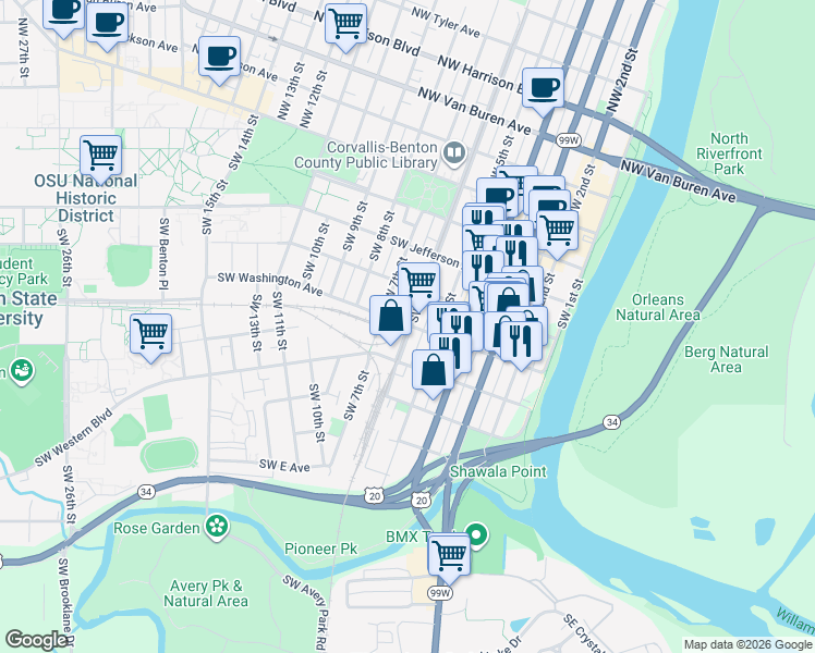 map of restaurants, bars, coffee shops, grocery stores, and more near 518 Southwest 5th Street in Corvallis
