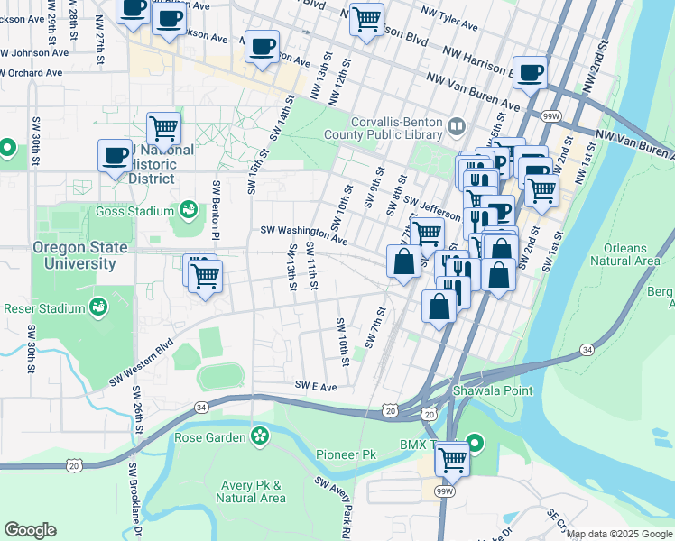 map of restaurants, bars, coffee shops, grocery stores, and more near 745 Southwest 10th Street in Corvallis