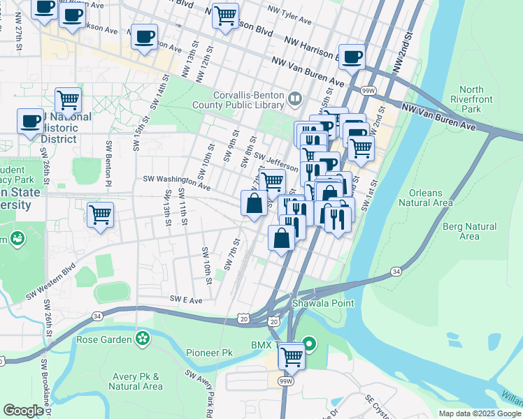 map of restaurants, bars, coffee shops, grocery stores, and more near 504 Southwest 6th Street in Corvallis