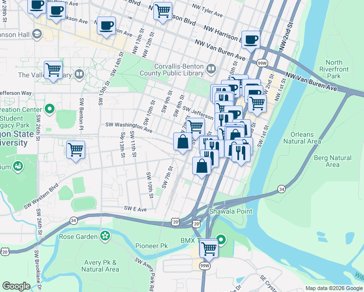 map of restaurants, bars, coffee shops, grocery stores, and more near 544 Southwest 6th Street in Corvallis
