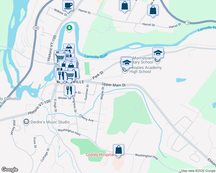 map of restaurants, bars, coffee shops, grocery stores, and more near 274 Upper Main Street in Morristown