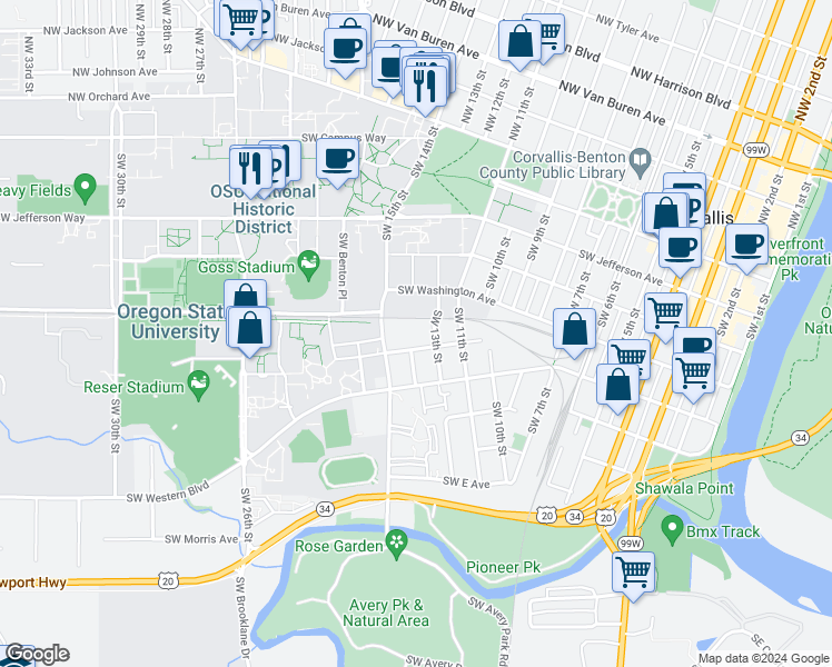 map of restaurants, bars, coffee shops, grocery stores, and more near 1375 Southwest A Avenue in Corvallis