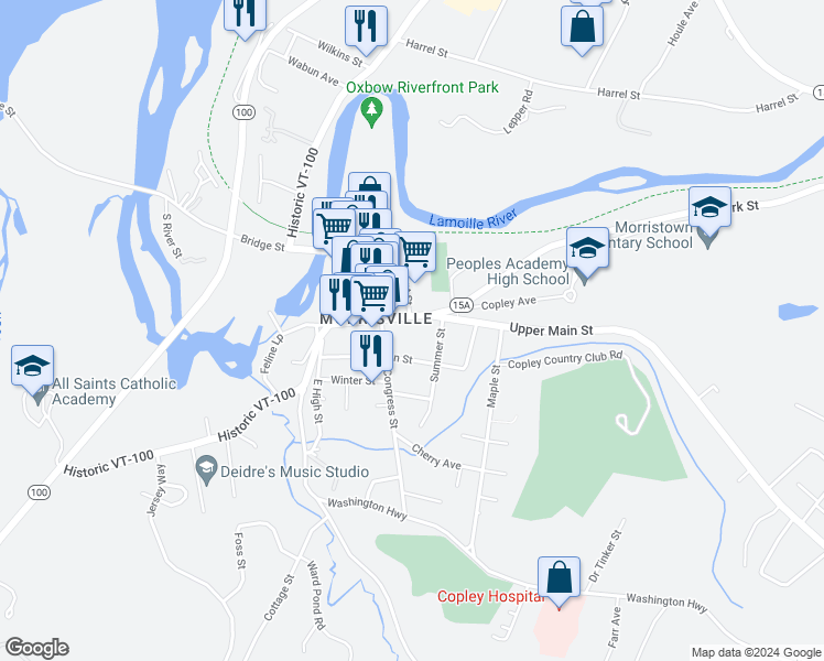 map of restaurants, bars, coffee shops, grocery stores, and more near 180 Railroad Street in Morristown