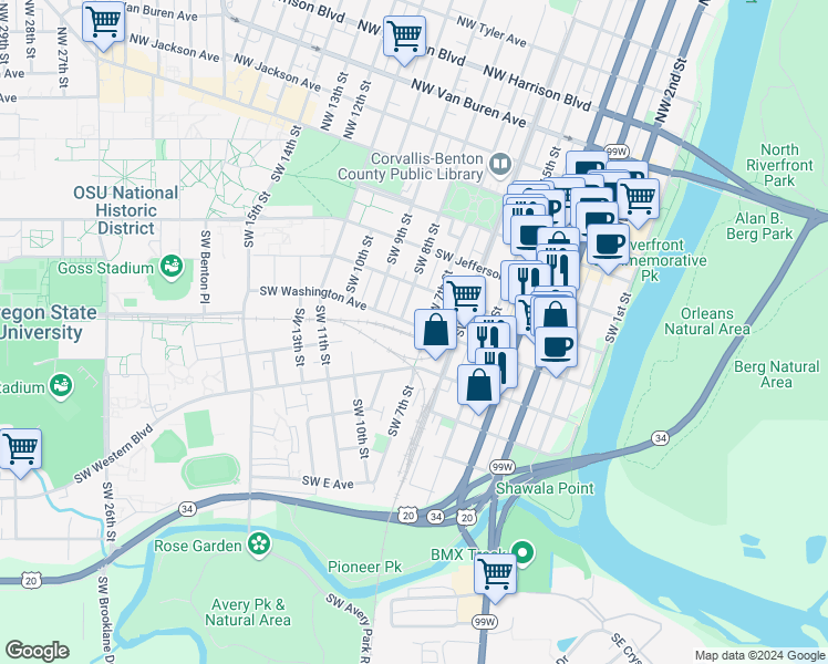 map of restaurants, bars, coffee shops, grocery stores, and more near 500 Southwest 7th Street in Corvallis