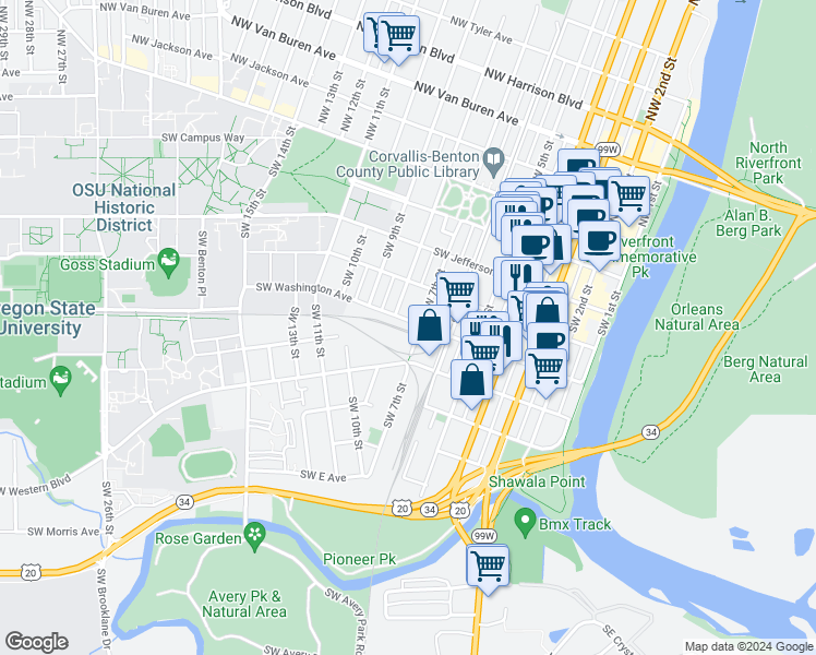 map of restaurants, bars, coffee shops, grocery stores, and more near 500 Southwest 7th Street in Corvallis