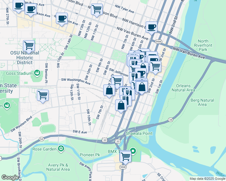 map of restaurants, bars, coffee shops, grocery stores, and more near 430 Southwest 7th Street in Corvallis