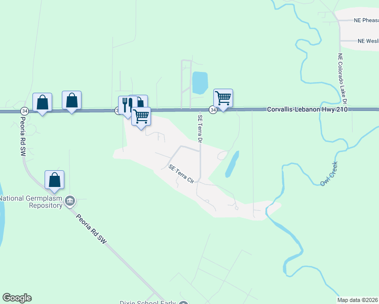 map of restaurants, bars, coffee shops, grocery stores, and more near 33729 Southeast Terra Circle in Corvallis