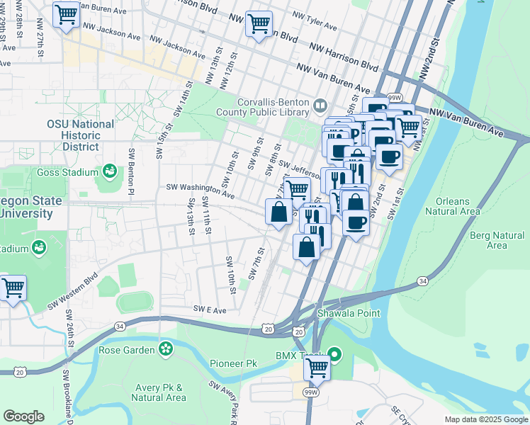 map of restaurants, bars, coffee shops, grocery stores, and more near 430 Southwest 7th Street in Corvallis