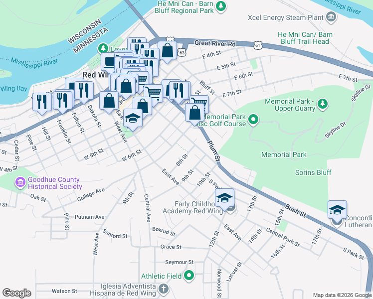 map of restaurants, bars, coffee shops, grocery stores, and more near 721 Bush Street in Red Wing