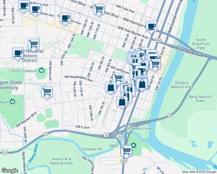 map of restaurants, bars, coffee shops, grocery stores, and more near SW Washington Ave & SW 7th St in Corvallis