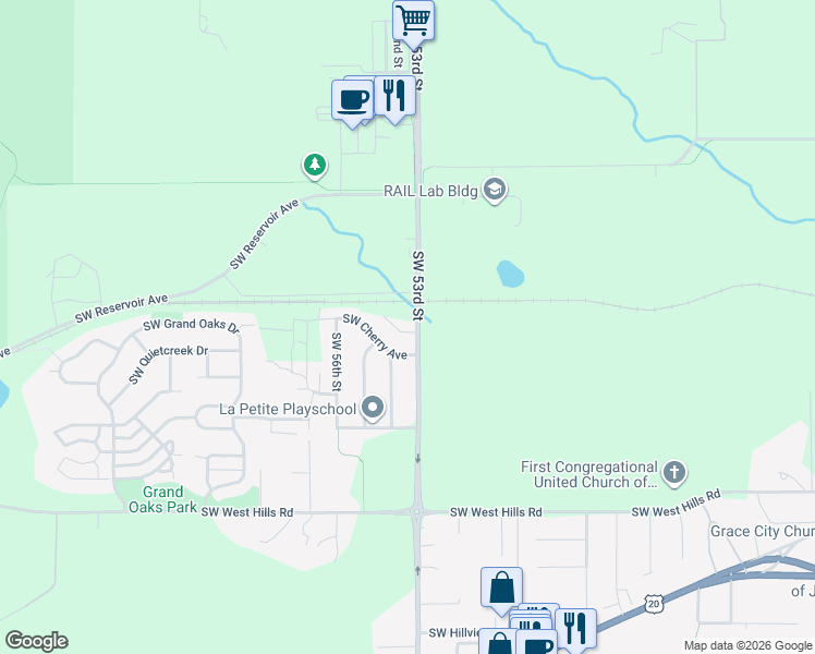 map of restaurants, bars, coffee shops, grocery stores, and more near 6 Southwest 53rd Street in Corvallis
